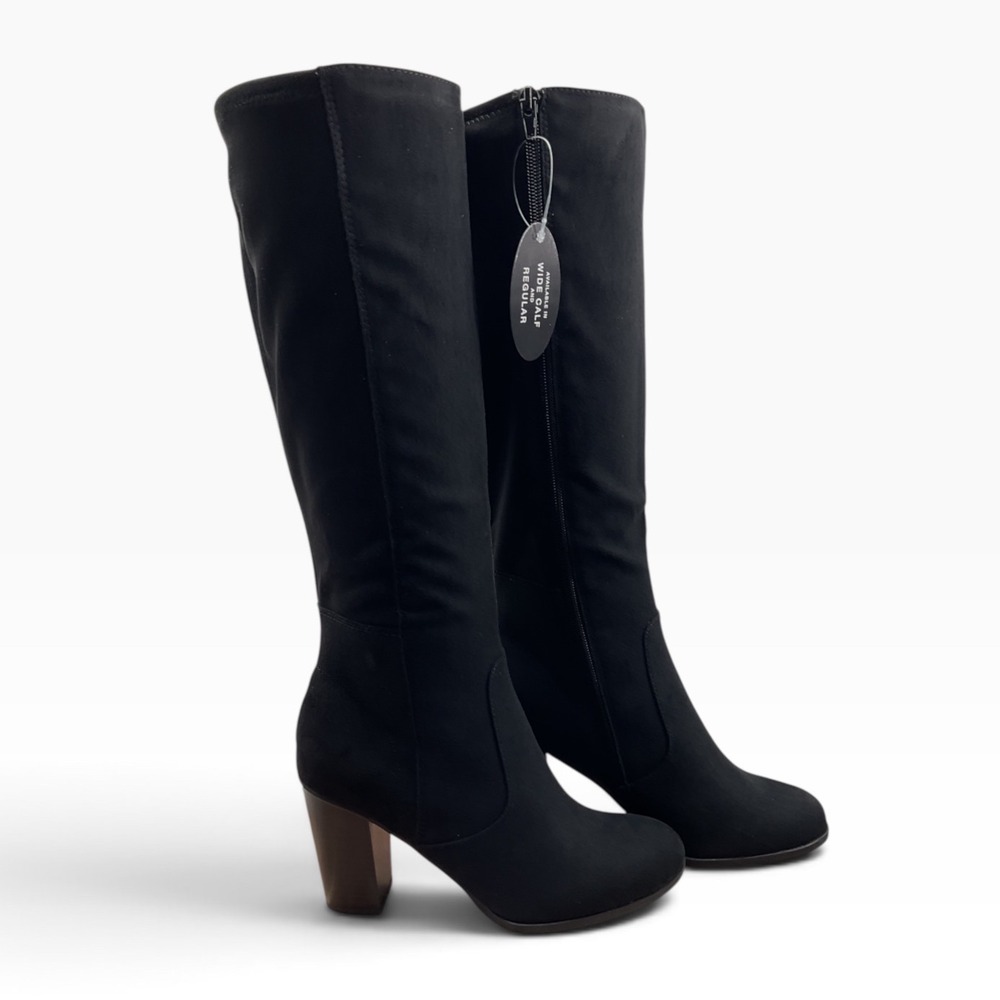 Style&co Black Textile Knee High Block Heel Boots Round Toe Side Zip 7.5M F44269